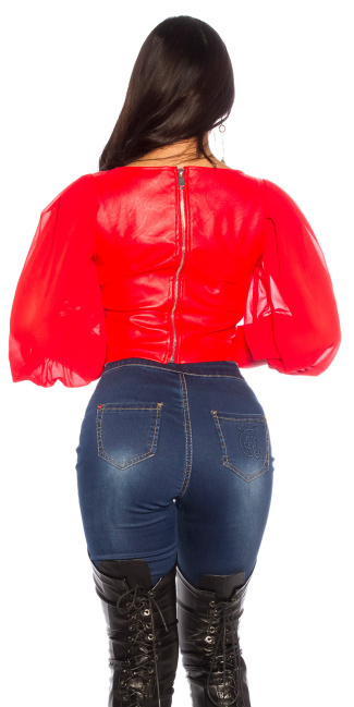 Long Sleeved Leather Look Top Red